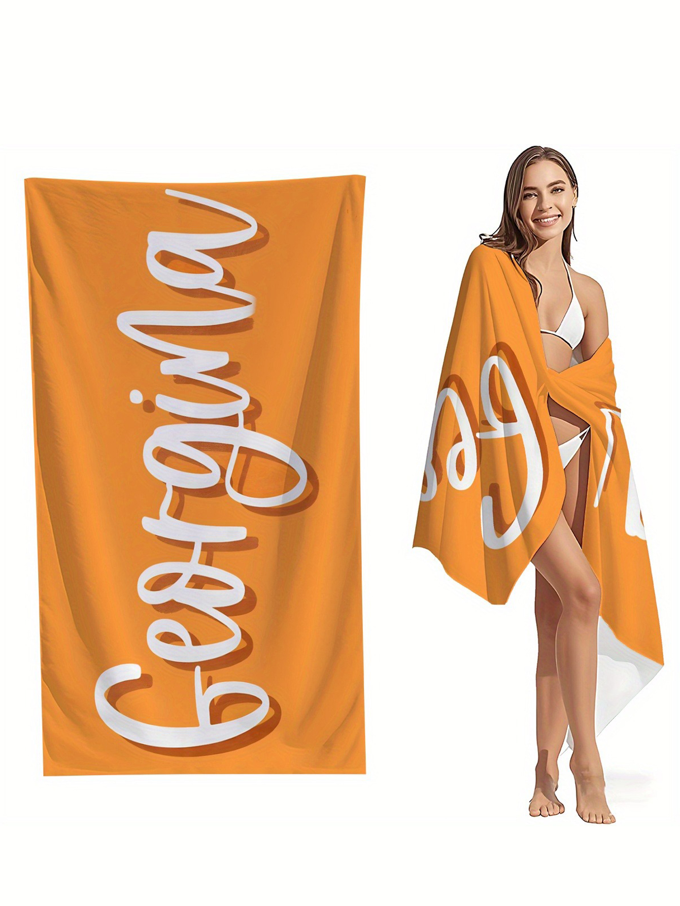 Custom Name Printed Beach Towel with Solid-Color Letter Pattern Patchwork Design